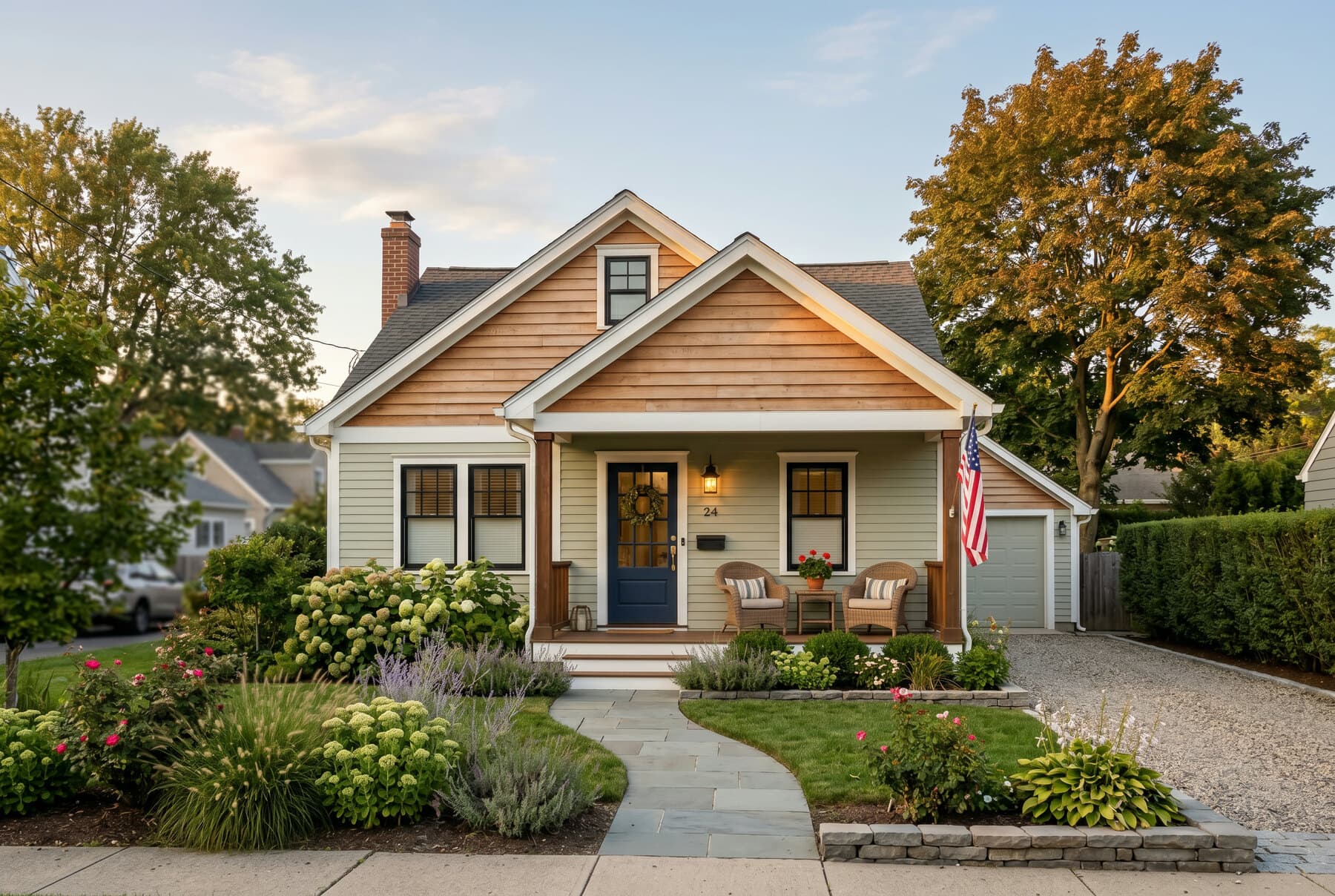 A real Acre home: a warm brick single-family house with a deep front porch