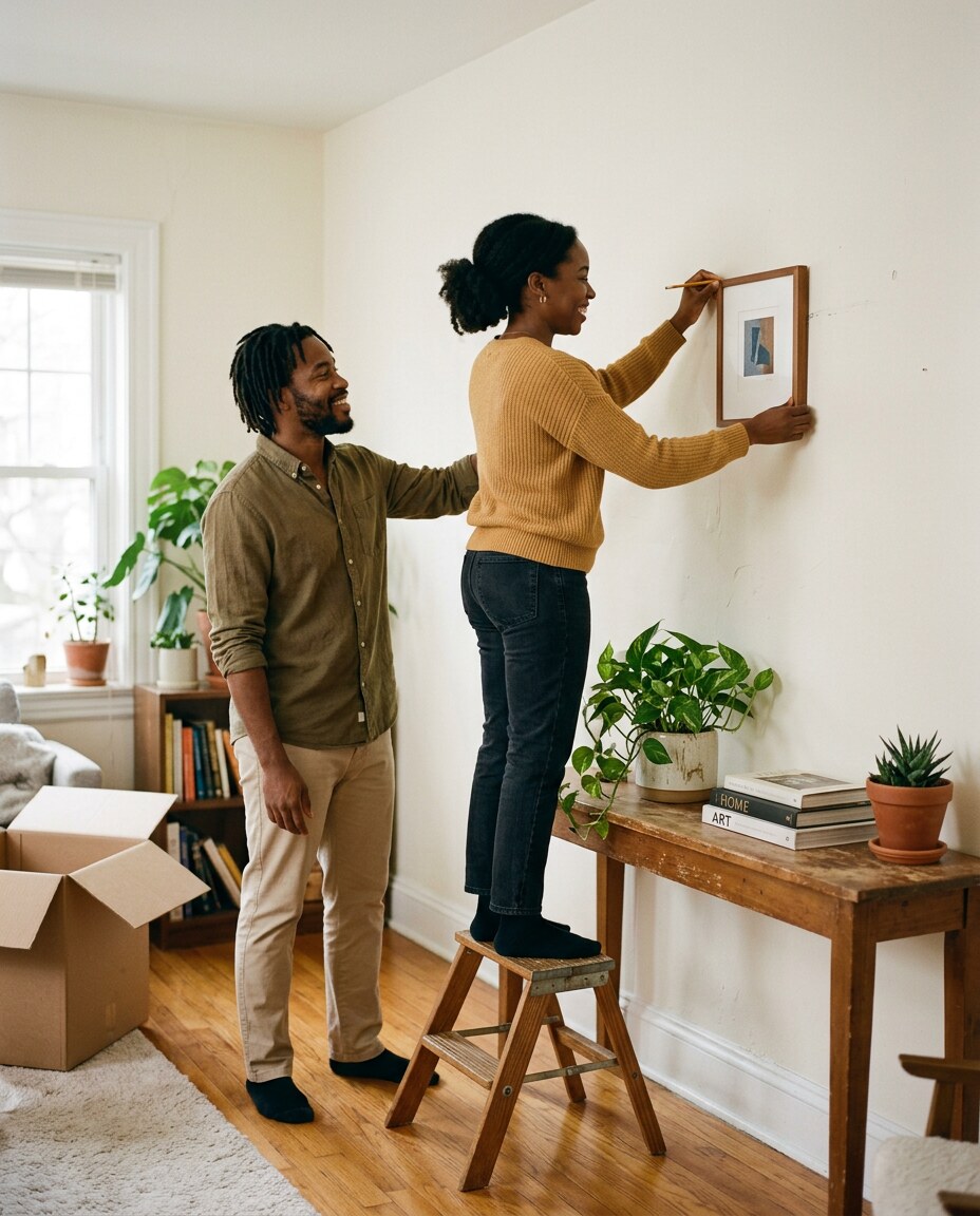 A couple hanging a picture in their new home