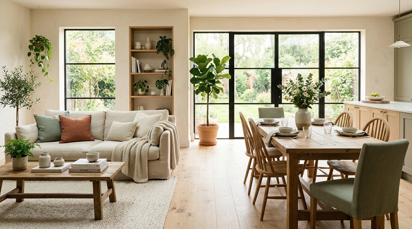 Sunlit living room with a sofa and dining table